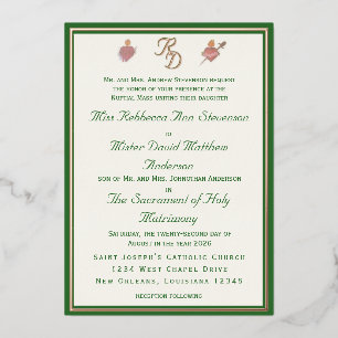 Con Relieve Metalizado Invitación de boda católica de dos corazones elega