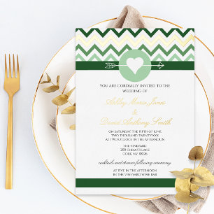Con Relieve Metalizado Invitación de boda Chevron Esmeralda Verde Dorado