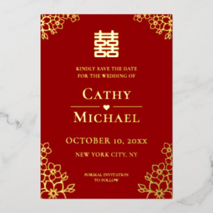 Con Relieve Metalizado Invitación de boda china floral roja para guardar 