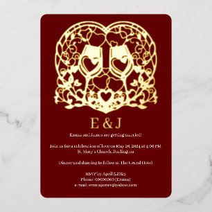 Con Relieve Metalizado Invitación de boda, copas de vino, corazones
