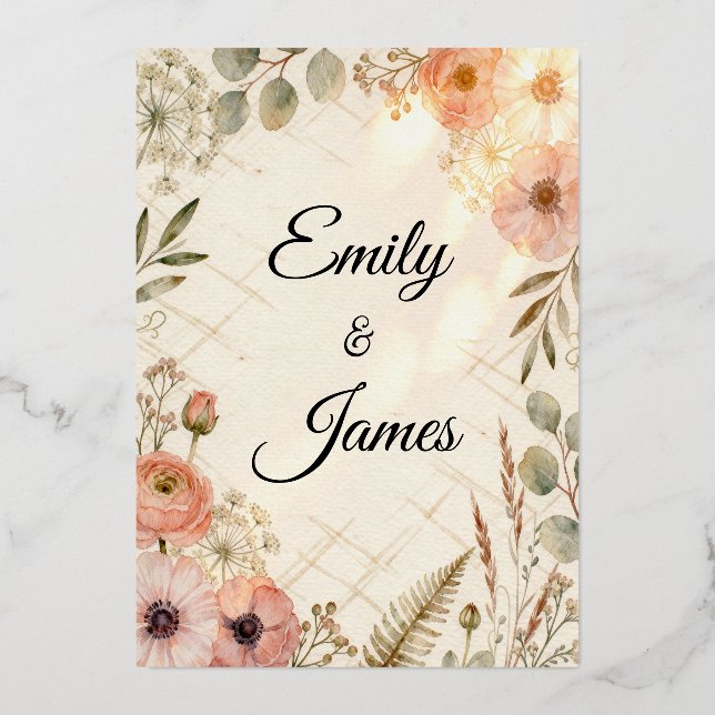 Con Relieve Metalizado Invitación de boda de acuarela boho de Emily & Jam (Anverso)