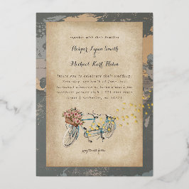 Con Relieve Metalizado invitación de boda de bicicleta tándem rústica map