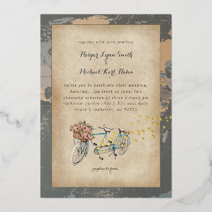 Con Relieve Metalizado invitación de boda de bicicleta tándem rústica map