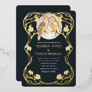 Con Relieve Metalizado Invitación de boda de búhos elegantes Art Nouveau