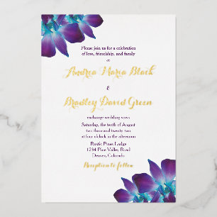 Con Relieve Metalizado Invitación de boda de orquídea Dendrobium azul dor