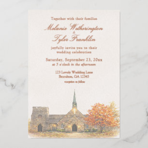 Con Relieve Metalizado Invitación de Boda de Otoño en Capilla de Piedra c