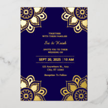 Invitación de boda de papel de aluminio azul y dor