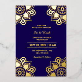 Con Relieve Metalizado Invitación de boda de papel de aluminio azul y dor