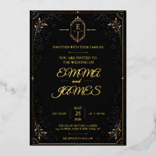 Con Relieve Metalizado Invitación de boda de papel de oro negro de lujo e