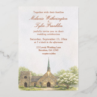 Con Relieve Metalizado Invitación de boda de verano de capilla de piedra
