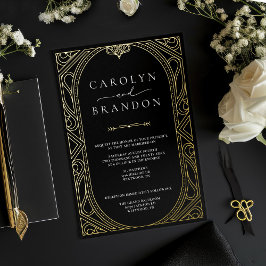 Con Relieve Metalizado Invitación de Boda Elegante Art Déco Negro y Dorad