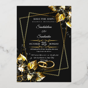 Con Relieve Metalizado Invitación de boda elegante en negro y dorado   Lu