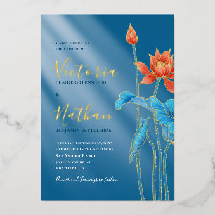 Con Relieve Metalizado Invitación de boda flor de loto naranja moderna az