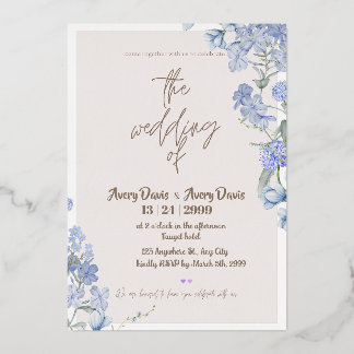 Con Relieve Metalizado Invitación de boda floral azul