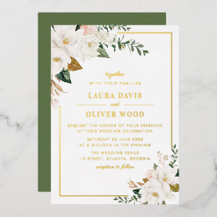 Con Relieve Metalizado Invitación de boda floral de magnolia blanca dorad