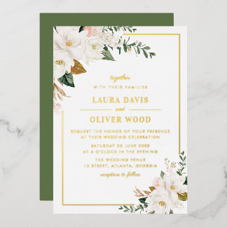 Con Relieve Metalizado Invitación de boda floral de magnolia blanca dorad
