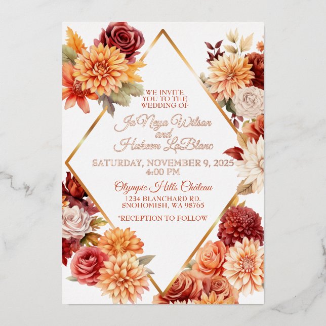 Con Relieve Metalizado Invitación de boda floral de otoño (Anverso)