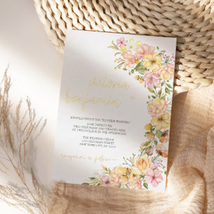 Con Relieve Metalizado Invitación de Boda Floral de Primavera Amarilla Ro
