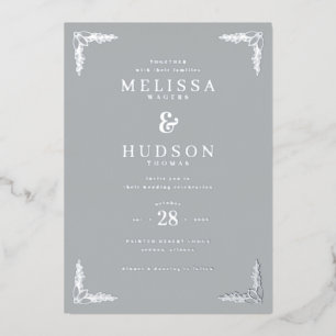 Con Relieve Metalizado Invitación de boda floral gris elegante