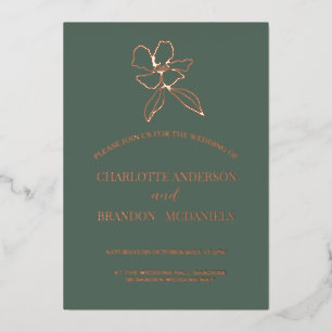 Con Relieve Metalizado Invitación de boda floral minimalista verde bosque