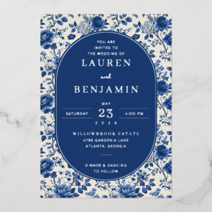 Con Relieve Metalizado Invitación de boda floral navy elegante
