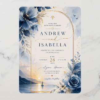 Con Relieve Metalizado Invitación de boda floral real azul