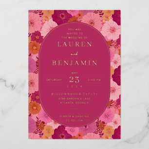 Con Relieve Metalizado Invitación de boda floral rosa alegre