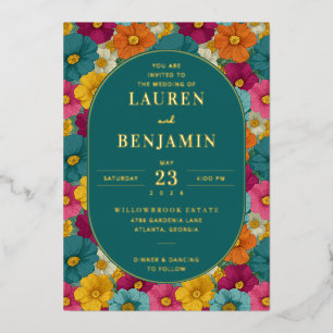 Con Relieve Metalizado Invitación de boda floral turquesa alegre