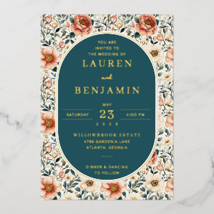 Con Relieve Metalizado Invitación de boda floral turquesa elegante
