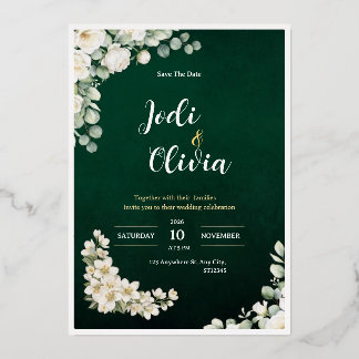 Con Relieve Metalizado Invitación de boda floral verde esmeralda y blanca