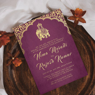 Con Relieve Metalizado Invitación de boda india roja dorada Ganesha