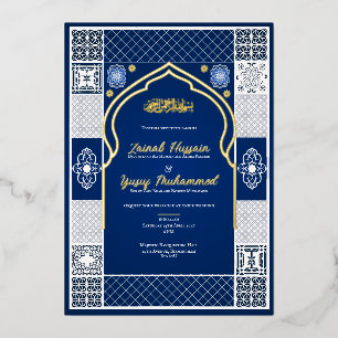 Con Relieve Metalizado Invitación de boda islámica arabesca azul oscuro