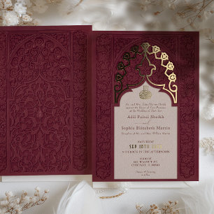 Con Relieve Metalizado Invitación de boda islámica de encaje borgoña real