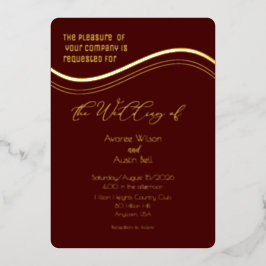 Con Relieve Metalizado Invitación de boda minimalista dorada y borgoña