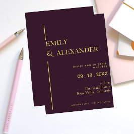 Con Relieve Metalizado Invitación de boda minimalista Plum Gold