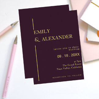 Con Relieve Metalizado Invitación de boda minimalista Plum Gold