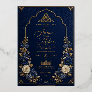 Con Relieve Metalizado Invitación de boda Palacio Azul Real y Dorado | Az
