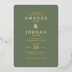 Con Relieve Metalizado Invitación de boda tipográfica verde elegante