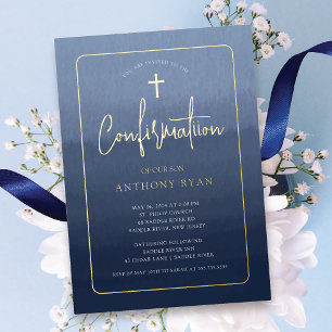 Con Relieve Metalizado Invitación de Confirmación de Bendiciones Azules