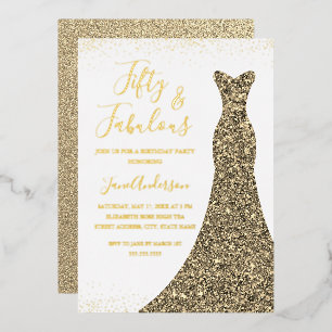 Con Relieve Metalizado Invitación de cumpleaños 50 y fabuloso vestido dor