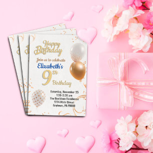 Con Relieve Metalizado Invitación de cumpleaños de chicas de nueve años