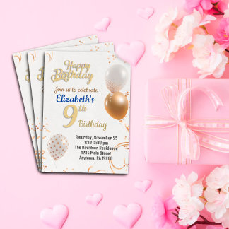 Con Relieve Metalizado Invitación de cumpleaños de chicas de nueve años