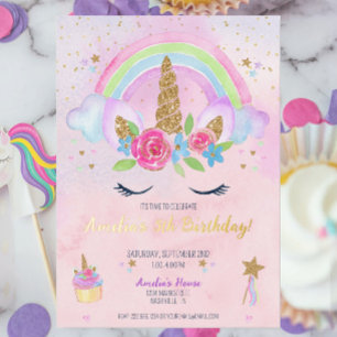 Con Relieve Metalizado Invitación de cumpleaños de unicornio mágico