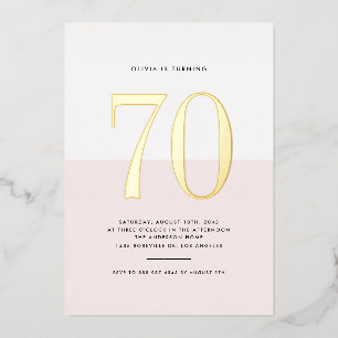 Con Relieve Metalizado Invitación de cumpleaños número 70 rosa y blanco m