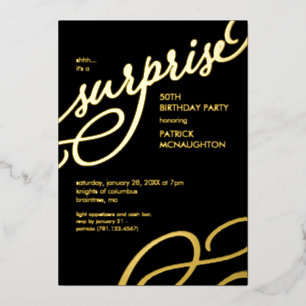 Con Relieve Metalizado Invitación de cumpleaños sorpresa negra y dorada c