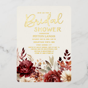 Con Relieve Metalizado Invitación de Desayuno Nupcial Floral Crema Borgoñ