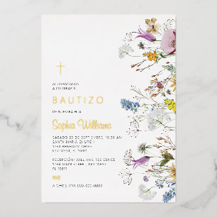 Con Relieve Metalizado Invitación de Flores Silvestres para Bautizo