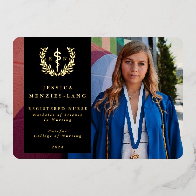 Con Relieve Metalizado Invitación de foto de graduación de áclepius RN ne (Anverso)