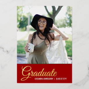 Con Relieve Metalizado Invitación de Graduación de Foto Mínimalista Roja