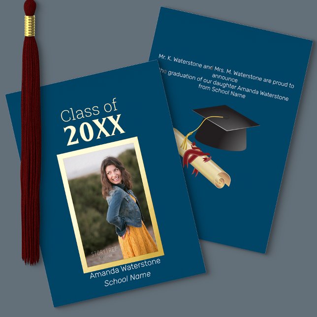 Con Relieve Metalizado Invitación de graduación de fotos en azul marino y (Subido por el creador)
